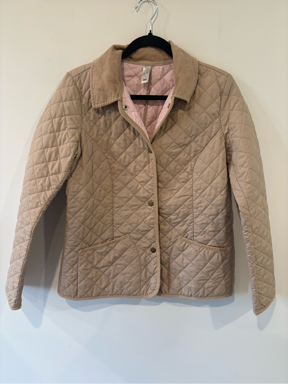 Old Navy Quilted Tan Barn Jacket with Pink Lining and Corduroy Collar